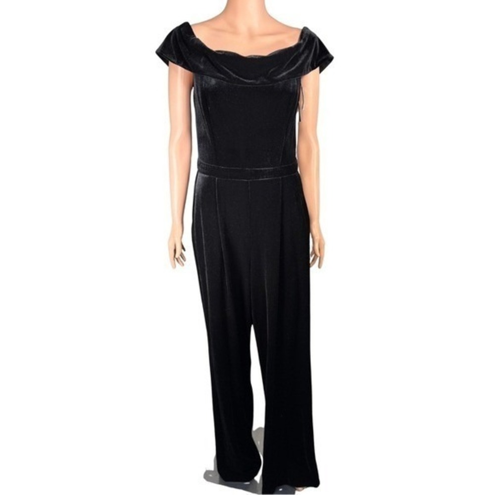 Xscape Womens Black Velvet Off Shoulder Portrait Collar Jumpsuit 5691X Size 12